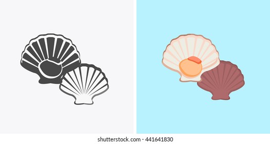 Oysters patterns in colour and monochrome variants. Seafood concept icons in flat style design. Vector illustration fresh deep-sea oyster. Beautiful shell pearl mussels.