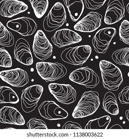 Oysters and Pearls Hand Drawn Seamless Line Pattern on Black