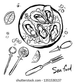 Oysters in a plate with cutlery. Illustration for the menu.