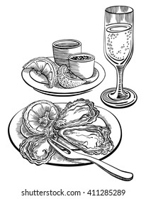 Oysters plate. Vector hand drawn oysters set. Vintage line art illustration.