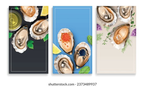 Oysters promo flyers cards set of vertical backgrounds with realistic images of gourmet seafood with caviar vector illustration