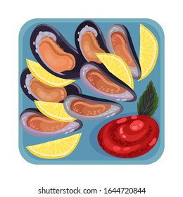 Oysters Rested on Plate with Lemon Garnish and Tomato Sauce Top View Vector Illustration