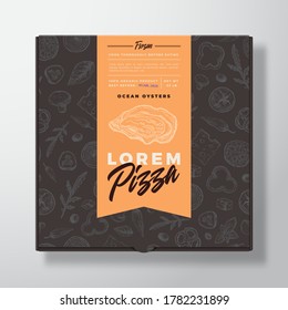 Oysters Seafood Frozen Pizza Realistic Cardboard Box. Abstract Vector Packaging Design or Label. Modern Typography, Sketch Seamless Food Pattern. Black Paper Background Layout. Isolated.