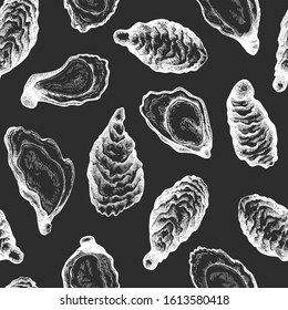 Oysters seamless pattern. Hand drawn vector seafood illustration on chalk board. Engraved style mollusks. Vintage food background