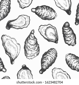 Oysters seamless pattern. Hand drawn vector seafood illustration. Engraved style mollusks. Retro food background