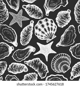 Oysters seamless pattern. Hand drawn vector illustration. Seafood background. Can be used for design menu, packaging, recipes, label, fish market, seafood products.