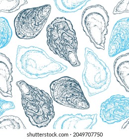 Oysters seamless pattern. Hand drawn vector illustration. Top view. Design template. Food menu background.
