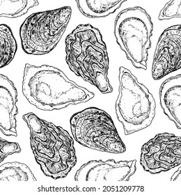 Oysters seamless pattern. Hand drawn vector illustration. Top view. Design template. Food menu background.