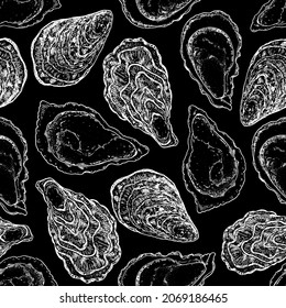 Oysters seamless pattern. Hand drawn vector illustration. Top view. Design template. Food menu background.