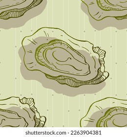 Oysters seamless pattern. Hand drawn sketch vector seafood illustration. Engraved retro style mollusks. Modern food background