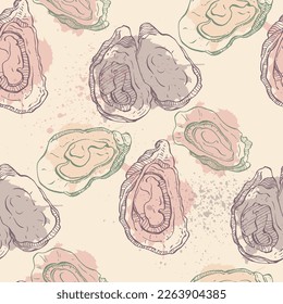 Oysters seamless pattern. Hand drawn sketch vector seafood illustration. Engraved retro style mollusks. Modern food background