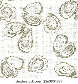 Oysters seamless pattern. Hand drawn sketch vector seafood illustration. Engraved retro style mollusks. Modern food background