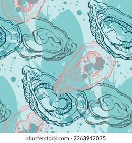 Oysters seamless pattern. Hand drawn sketch vector seafood illustration. Engraved retro style mollusks. Modern food background