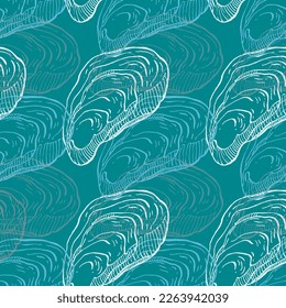 Oysters seamless pattern. Hand drawn sketch vector seafood illustration. Engraved retro style mollusks. Modern food background