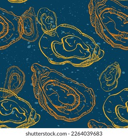 Oysters seamless pattern. Hand drawn sketch vector seafood illustration. Engraved retro style mollusks. Modern food background