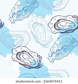 Oysters seamless pattern. Hand drawn sketch vector seafood illustration. Engraved retro style mollusks. Modern food background