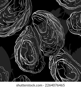 Oysters seamless pattern. Hand drawn sketch vector seafood illustration. Engraved retro style mollusks. Modern food background
