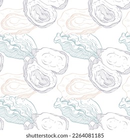 Oysters seamless pattern. Hand drawn sketch vector seafood illustration. Engraved retro style mollusks. Modern food background