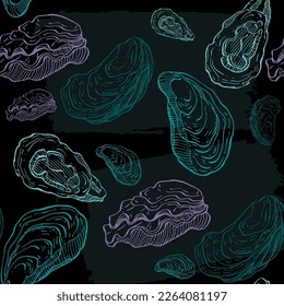 Oysters seamless pattern. Hand drawn sketch vector seafood illustration. Engraved retro style mollusks. Modern food background