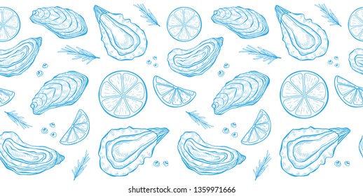 Oysters seamless pattern isolated on white background. Vector illustration