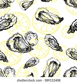 Oysters seamless pattern with lemon background