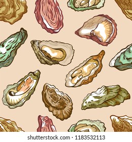 Oysters seamless pattern, sea delicatessen product set. Bivalve molluscs with rough irregular shell, seafood restaurant decor. Vector hand drawn illustration