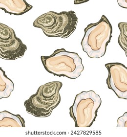 Oysters seamless pattern. Vector cartoon illustration. Seafood background.