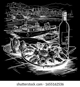 Oysters served on ice with a bottle of white wine and fresh bread. Panorama of the marina with boats on a background. La Spezia, Italy. Chalk on a blackboard. EPS10 vector illustration