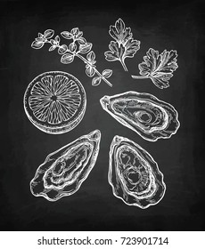 Oysters set. Chalk sketch on blackboard background. Hand drawn vector illustration. Retro style.