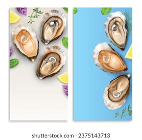 Oysters set of two vertical banners with realistic images seafood in shells served with lemon greens vector illustration