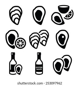 Oysters shell, sauce - sea food icons set 