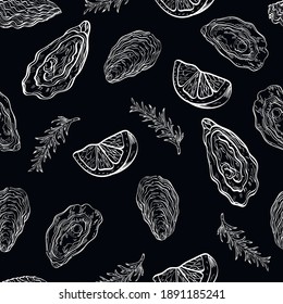 Oysters shells food sea chalk vector seamless pattern on dark background. Concept for menu, cards, wallpaper