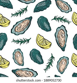 Oysters shells food sea vector seamless pattern on white background. Concept for menu, cards, wallpaper