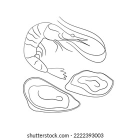 Oysters and shrimp icon. Seafood clam and prawn sign. Vector cartoon hand drawn illustration.