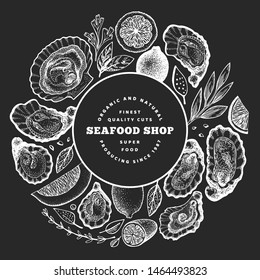 Oysters and spices design template. Hand drawn vector illustration on chalk board. Seafood banner. Can be used for design menu, packaging, recipes, fish market, seafood products.