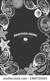 Oysters and spices design template. Hand drawn vector illustration on chalk board. Seafood banner. Can be used for design menu, packaging, recipes, label, fish market, seafood products.