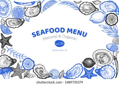 Oysters and spices design template. Hand drawn vector illustration. Seafood vintage banner. Can be used for design menu, packaging, recipes, fish market, seafood products.