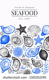 Oysters and spices design template. Hand drawn vector illustration. Seafood vintage banner. Can be used for design menu, packaging, recipes, label, fish market, seafood products.
