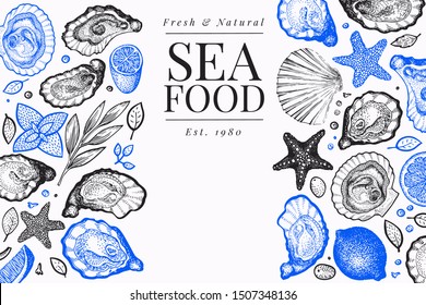 Oysters and spices design template. Hand drawn vector illustration. Seafood banner. Can be used for design menu, packaging, recipes, label, fish market, seafood products.