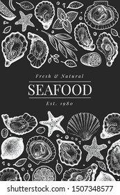 Oysters and spices design template. Hand drawn vector illustration on chalk board. Seafood banner. Can be used for design menu, packaging, recipes, fish market, seafood products.