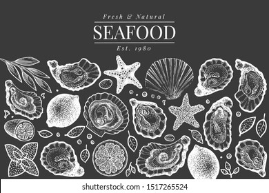 Oysters and spices design template. Hand drawn vector illustration on chalk board. Seafood banner. Can be used for design menu, packaging, recipes, fish market, seafood products.