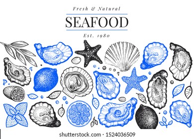 Oysters and spices design template. Hand drawn vector illustration. Seafood vintage banner. Can be used for design menu, packaging, recipes, label, fish market, seafood products.