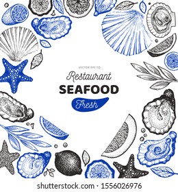 Oysters and spices design template. Hand drawn vector illustration. Seafood banner. Can be used for design menu, packaging, recipes, label, fish market, seafood products.
