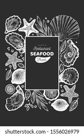Oysters and spices design template. Hand drawn vector illustration on chalk board. Seafood banner. Can be used for design menu, packaging, recipes, fish market, seafood products.