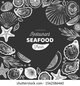 Oysters and spices design template. Hand drawn vector illustration on chalk board. Seafood banner. Can be used for design menu, packaging, recipes, fish market, seafood products.