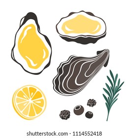 Oysters with spices. Set of shellfish isolated vector illustrations.