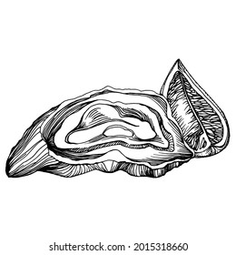 Oysters vector with engraving style illustration of logo or emblem for design seafood menu, lunch. Classic American steakhouse or French bistro appetizer.