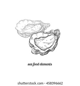 Oysters. Vector illustration seafood. Hand drawn ink image. Black and white.