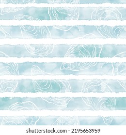 Oysters. Vector seamless background patterns .Food vector Illustration on a blue watercolor striped background. Templates for menu design, packaging, restaurants and catering. Hand drawn images.