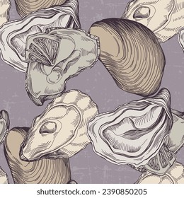 Patrón de ostras de mariscos vintage. Un fondo sencillo es ideal para imprimir, textiles, tela, papel pintado, papel de envoltura, lavado
